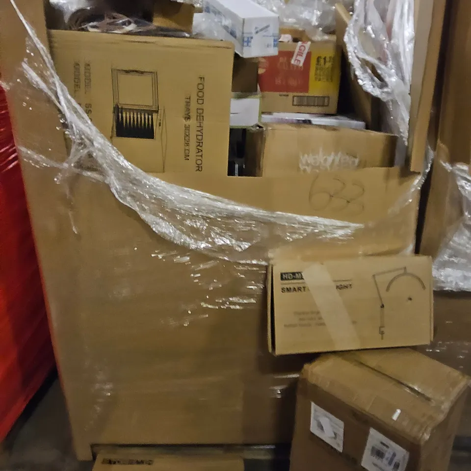 PALLET OF ASSORTED ITEMS TO INCLUDE,TOILET SEATS, AUTOMATIC WASTE BIN, SMART DESK LIGHT, INFLATABLE MATTRESS, WEIGHTED BLANKET, FOOD DEHYDRATOR.