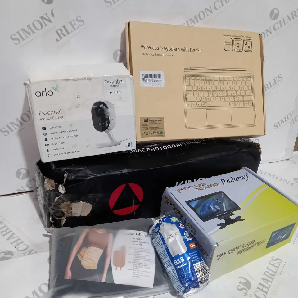 BOX OF APPROXIMATELY 5 ITEMS TO INCLUDE KEYBOARD, PHOTOGRAPH EQUIPMENT, LCD MONITOR ETC