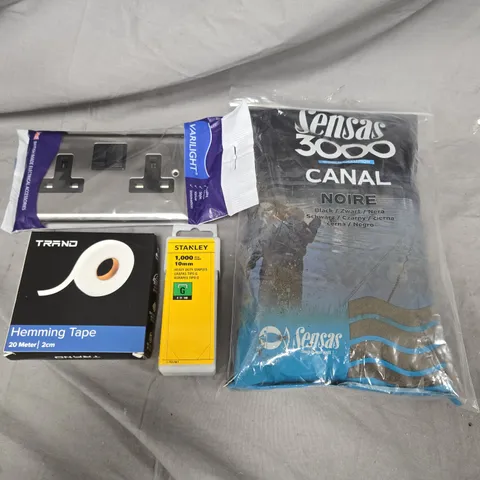 APPROXIMATELY 15 ASSORTED HOUSEHOLD ITEMS TO INCLUDE HEMMING TAPE, 2 PLUG SOCKET AND STANLEY HEAVY DUTY STAPLES