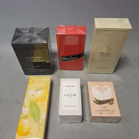 APPROXIMATELY 6 ASSORTED SEALED FRAGRANCES TO INCLUDE - ELIZABETH ARDEN GREEN TEA CITRON FREESIA - PALSMA PICASSO - PENDORA SCENTS CAMARO - ETC