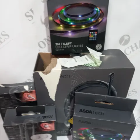 LOT OF ASSORTED ITEMS TO INCLUDE - LED LIGHT STRIPS - HEADPHONES - EARBUDS