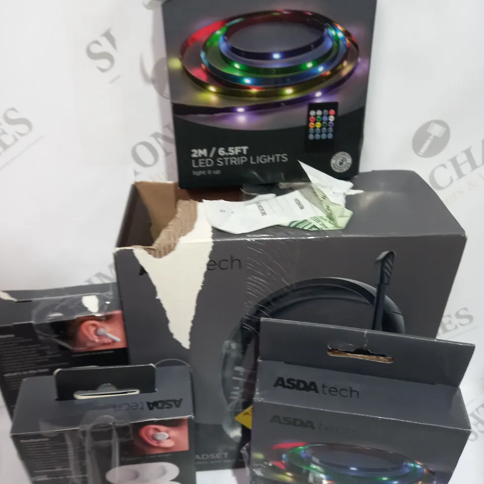 LOT OF ASSORTED ITEMS TO INCLUDE - LED LIGHT STRIPS - HEADPHONES - EARBUDS 