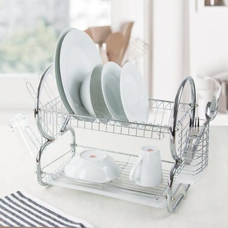 TWO TIER DISH RACK WITH DRIP TRAY RINSE BASKET 
