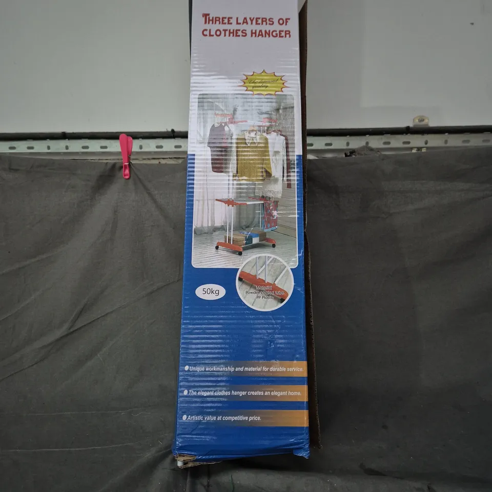 THREE-TIER CLOTHES HANGER RACK ON WHEELS – PORTABLE GARMENT RAIL