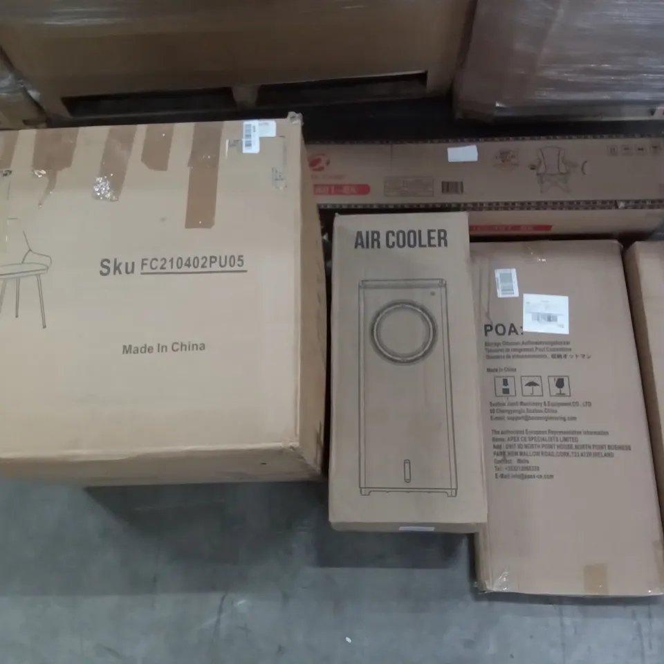 PALLET OF ASSORTED ITEMS INCLUDING AIR COOLER, ALPHA CAMP CAMPING CHAIR, BLUE DINING CHAIRS, STORAGE OTTOMAN, KINGCAMP OUTDOOR FURNITURE 