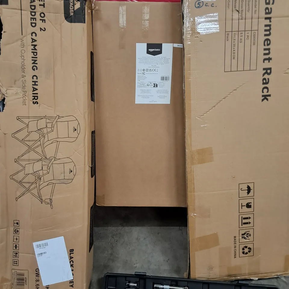 PALLET OF ASSORTED HOUSEHOLD ITEMS TO INCLUDE PADDED CAMPING CHAIRS, STEEL TRASH CAN SET AND GARMENT RACK