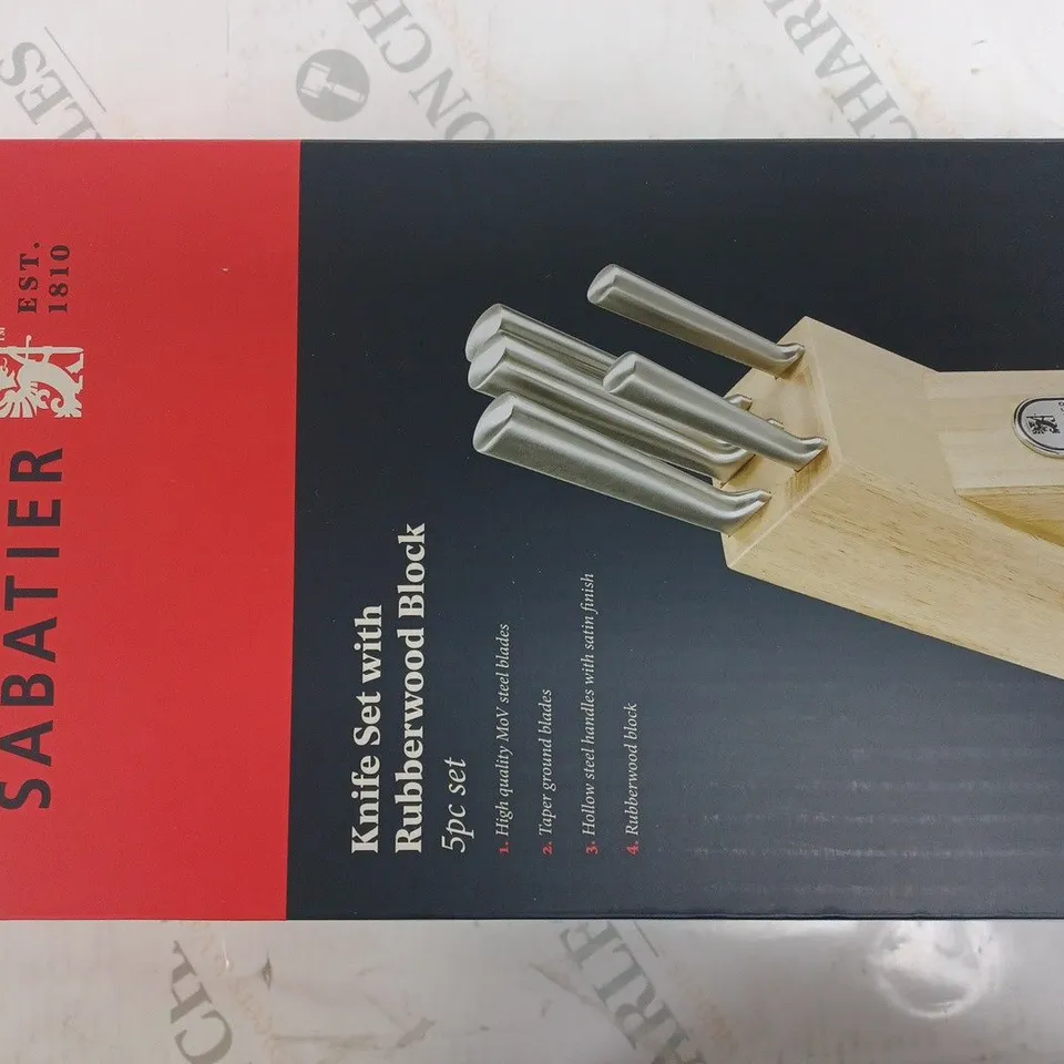 SABATIER 5 PIECE KNIFE SET WITH WOODEN STORAGE BLOCK & GIFT BOX
