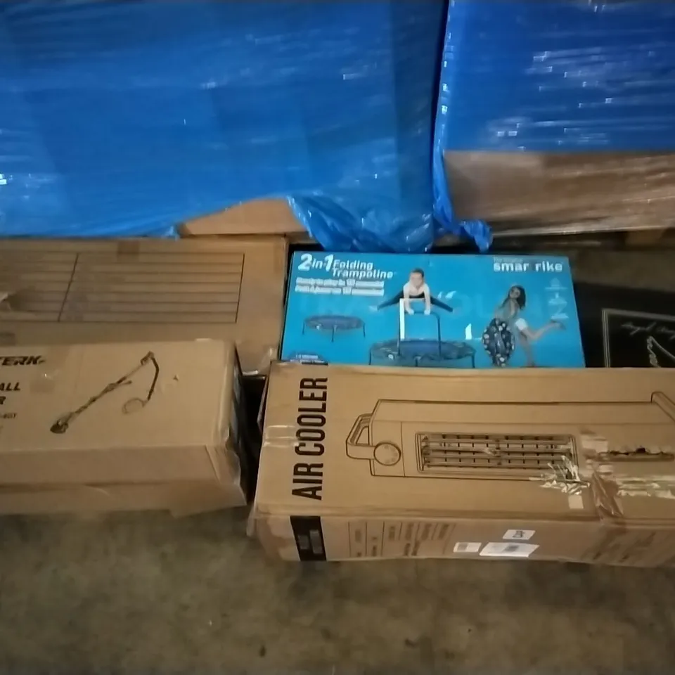 PALLET OF ASSORTED ITEMS INCLUDING AIR COOLER, METERK DRYWALL SANDER,  SMARTRIKE 2-IN-1 FOLDING TRAMPOLINE, ANGEL WING NEON SIGN, SILVER VALLEY BASKETBALL NET,