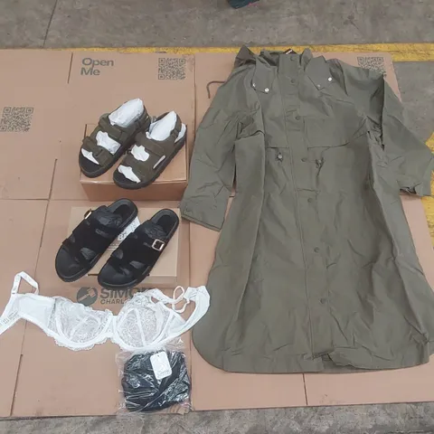 PALLET CONTAINING APPROXIMATELY 300x BRAND NEW DESIGNER CLOTHING ITEMS AND SHOES INCLUDING SIMPLY BE SANDALS, ANTHOLOGY SANDALS, PRETTY SECRETS BRAS, SIMPLY BE PARKA ECT