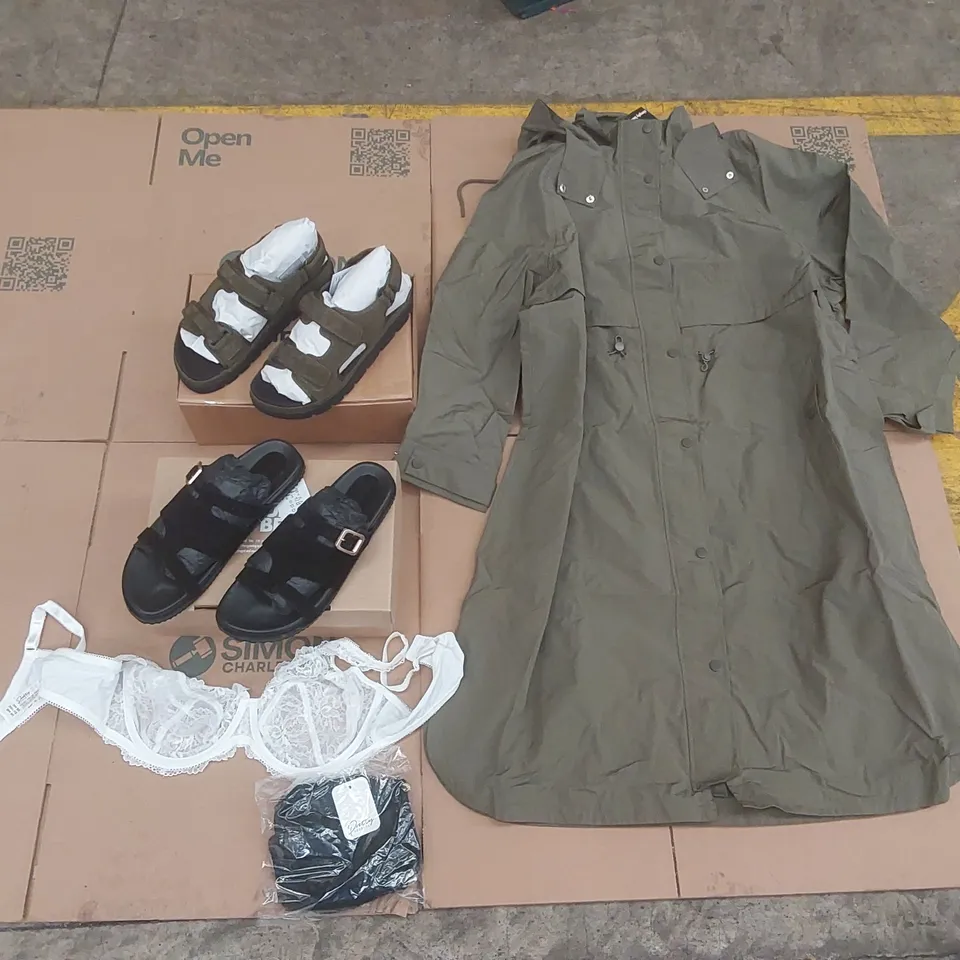 PALLET CONTAINING APPROXIMATELY 300x BRAND NEW DESIGNER CLOTHING ITEMS AND SHOES INCLUDING SIMPLY BE SANDALS, ANTHOLOGY SANDALS, PRETTY SECRETS BRAS, SIMPLY BE PARKA ECT