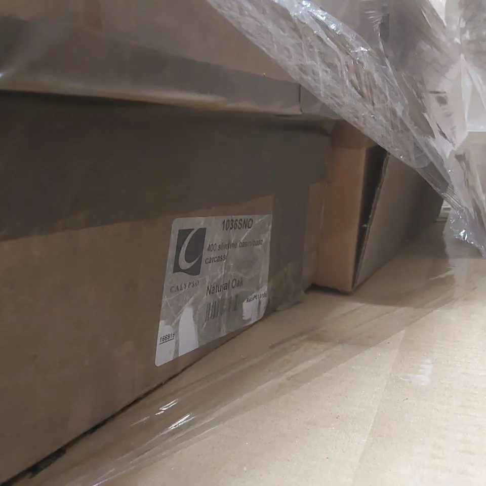 PALLET CONTAINING A LARGE QUANTITY OF ASSORTED BATHROOM FURNITURE PARTS INCLUDING: SAVENA SINGLE DRAWER VANITY BASE, SLIMLINE BASE CARCASS ECT