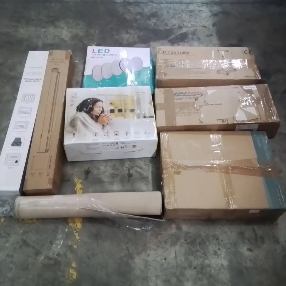 PALLET CONTAINING ASSORTED ITEMS TO INCLUDE: ELECTRIC THROW, BALANCE SCOOTER, RETRACTABLE SAFETY GATES, LED CEILING LAMP, RUG ECT