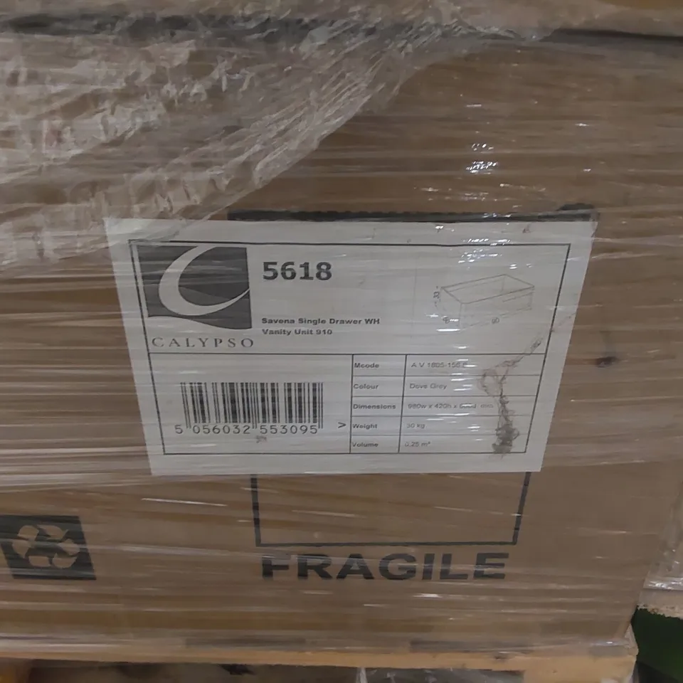 PALLET CONTAINING A LARGE QUANTITY OF BRAND NEW SAVENA SINGLE DRAWER VANITY BASE UNITS
