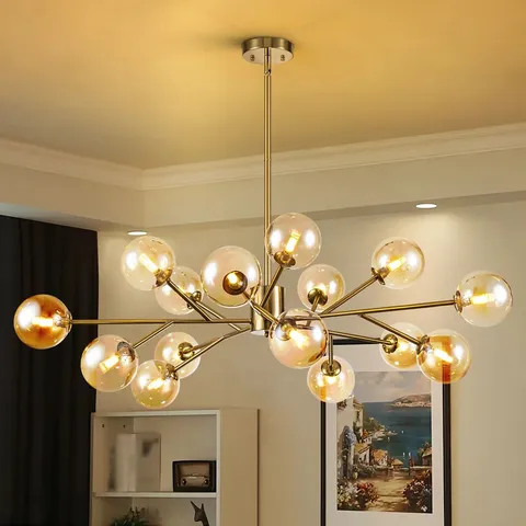 BOXED SPOFFO 15-LIGHT MODERN CONTEMPORARY GLASS BUBBLE CHANDELIER SPUTNIK KITCHEN ISLAND PENDANT LAMP WITH GLASS SHADE (1 BOX)