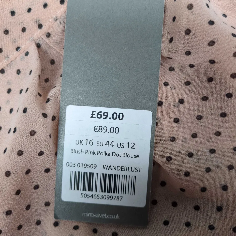 MINT VELVET BLUSH PINK POLKA DOT BLOUSE, UK 16