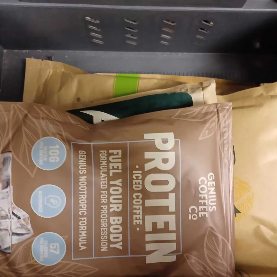 BOX OF APPROX 10 ITEMS TO INCLUDE PACT COFFEE, VANILLA PROTEIN AND PURE COLLAGEN HYDROLYSATE POWDER