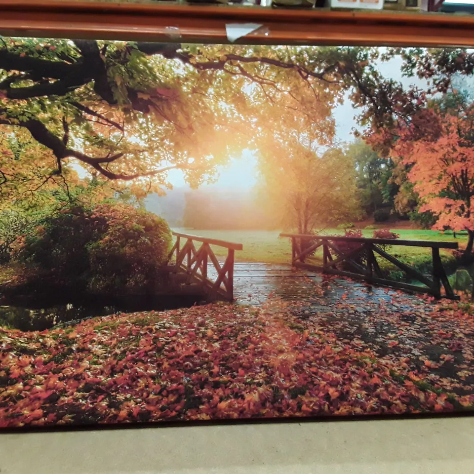 WOODLAND BRIDGE AUTUMN TRANQUILITY WRAPPED CANVAS