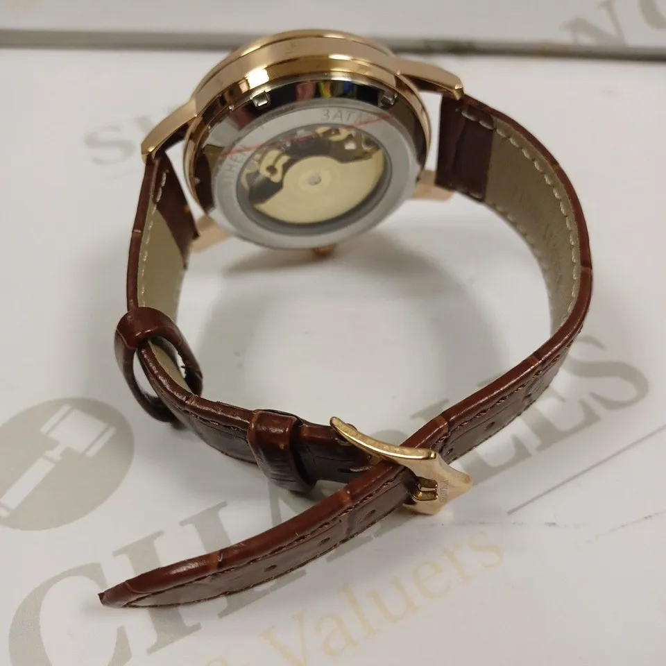 MENS VONLANTHEN AUTOMATIC WATCH – SILVER AND RED TEXTURED DIAL - GLASS EXHIBITION BACKCASE – BROWN LEATHER STRAP