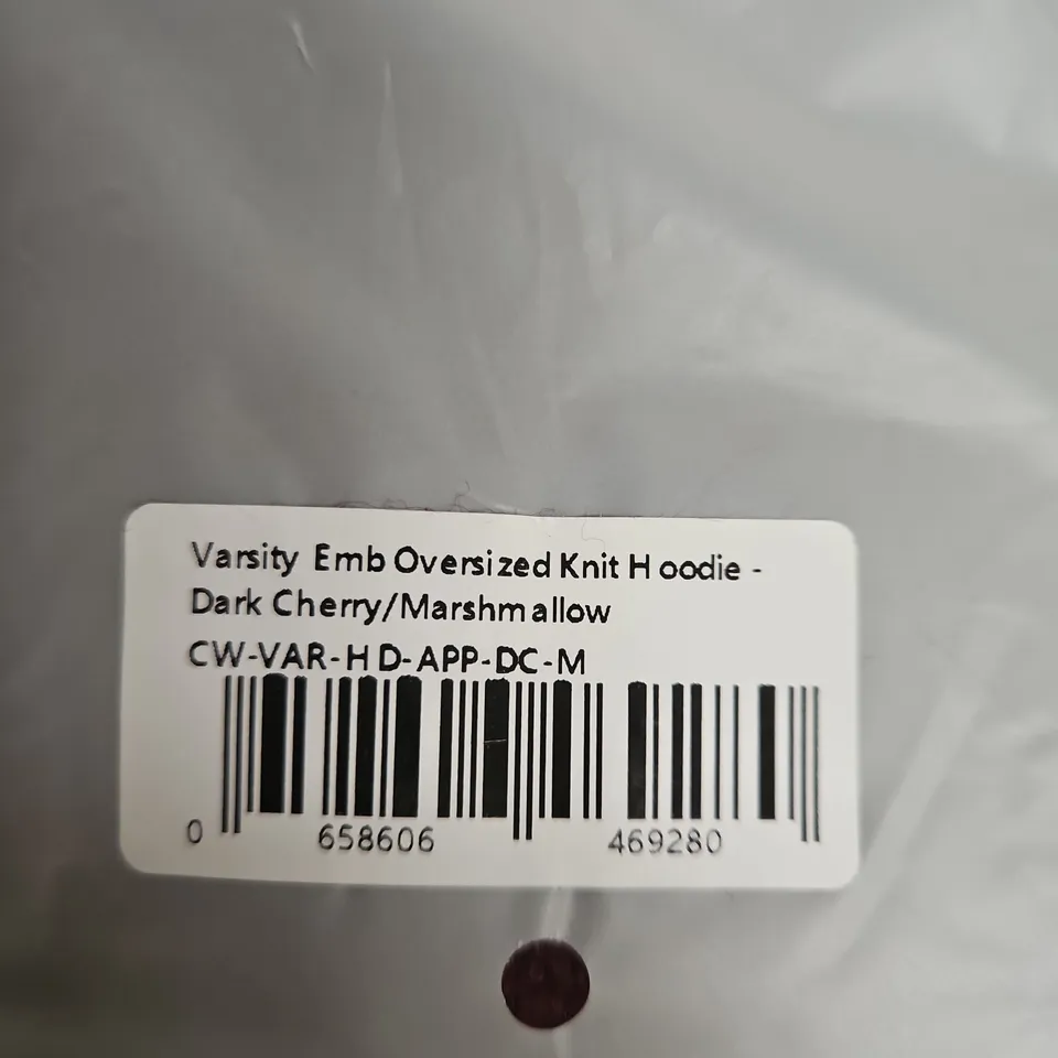 ADANOLA VARSITY EMB OVERSIZED KNIT HOODIE – DARK CHERRY/MARSHMALLOW SIZE M