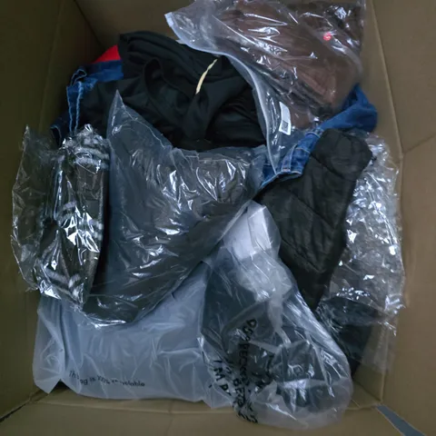 LARGE BOX OF APPROXIMATELY 25 ASSORTED CLOTHING ITEMS IN VARIOUS COLOURS, STYLES AND SIZES - COLLECTION ONLY