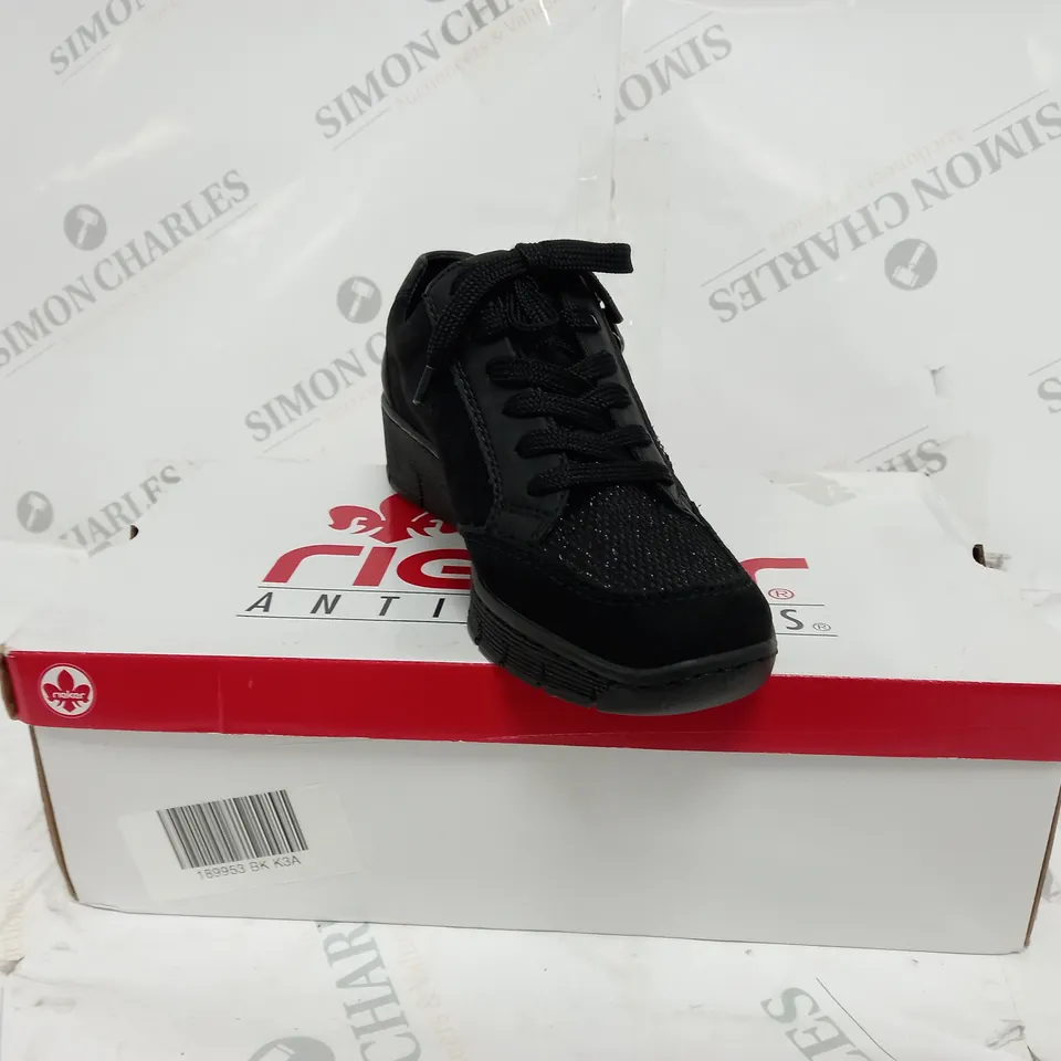 BOXED PAIR RIEKER WEDGE TRAINER IN BLACK, UK SIZE 3.5