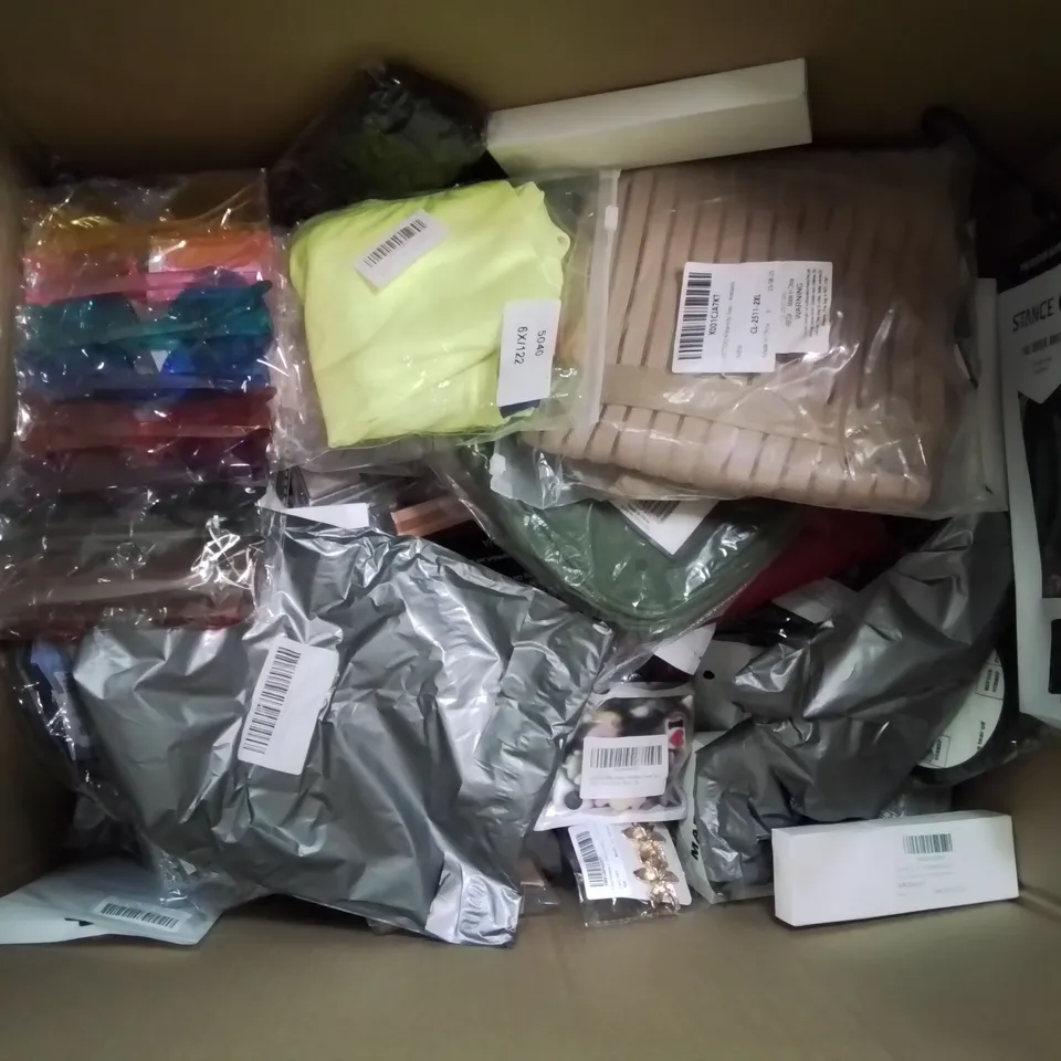 BOX CONTAINING LARGE AMOUNT OF MIXED FASHION ITEMS, SILVER PLATE AND COSTUME JEWELLERY, CLOTHING ITEMS ETC.