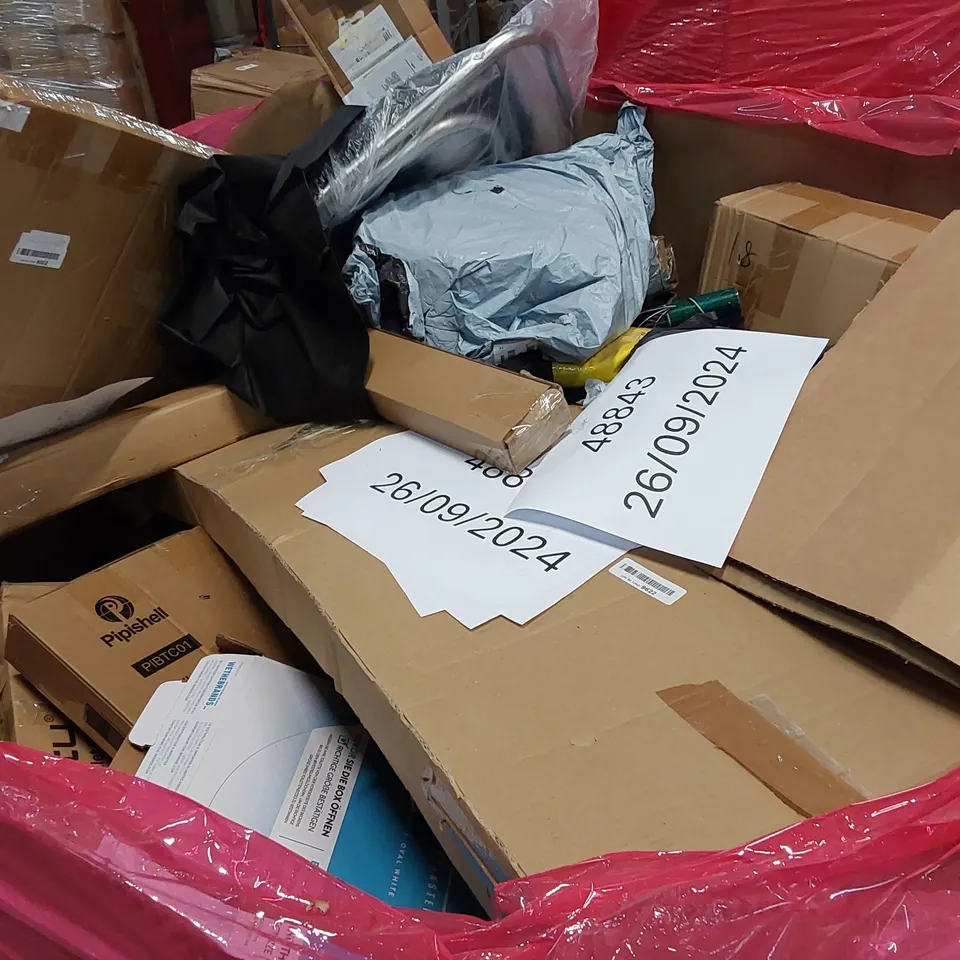 PALLET OF ASSORTED ITEMS INCLUDING MESH CHAIR, TOILET SEAT, CAR TYRE CLAMP, NON WOVEN FABRIC WARDROBE 