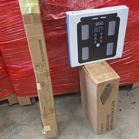 PALLET OF ASSORTED HOUSEHOLD GOODS AND PRODUCTS TO INCLUDE;PULL UP BAR,SCALES,VIBRATION PLATE