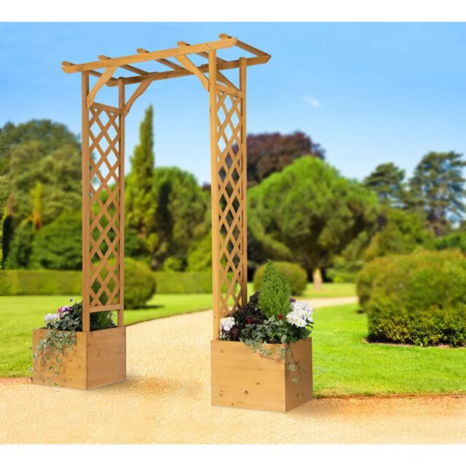 BOXED AUBREYELLE SOLID WOOD ARBOUR WITH PLANTERS (1 BOX)