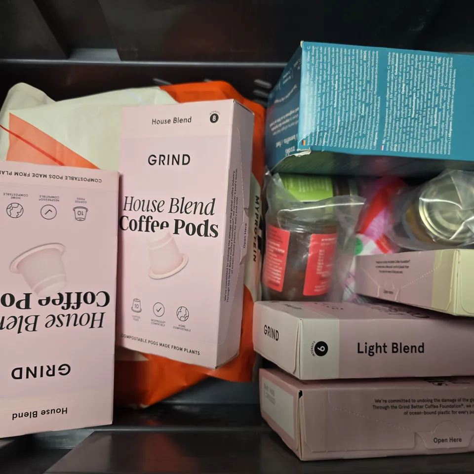 APPROXIMATELY 10 ASSORTED FOOD & DRINK ITEMS TO INCLUDE - GRIND HOUSE BLEND PODS , FREE SOUL PROTEIN ETC