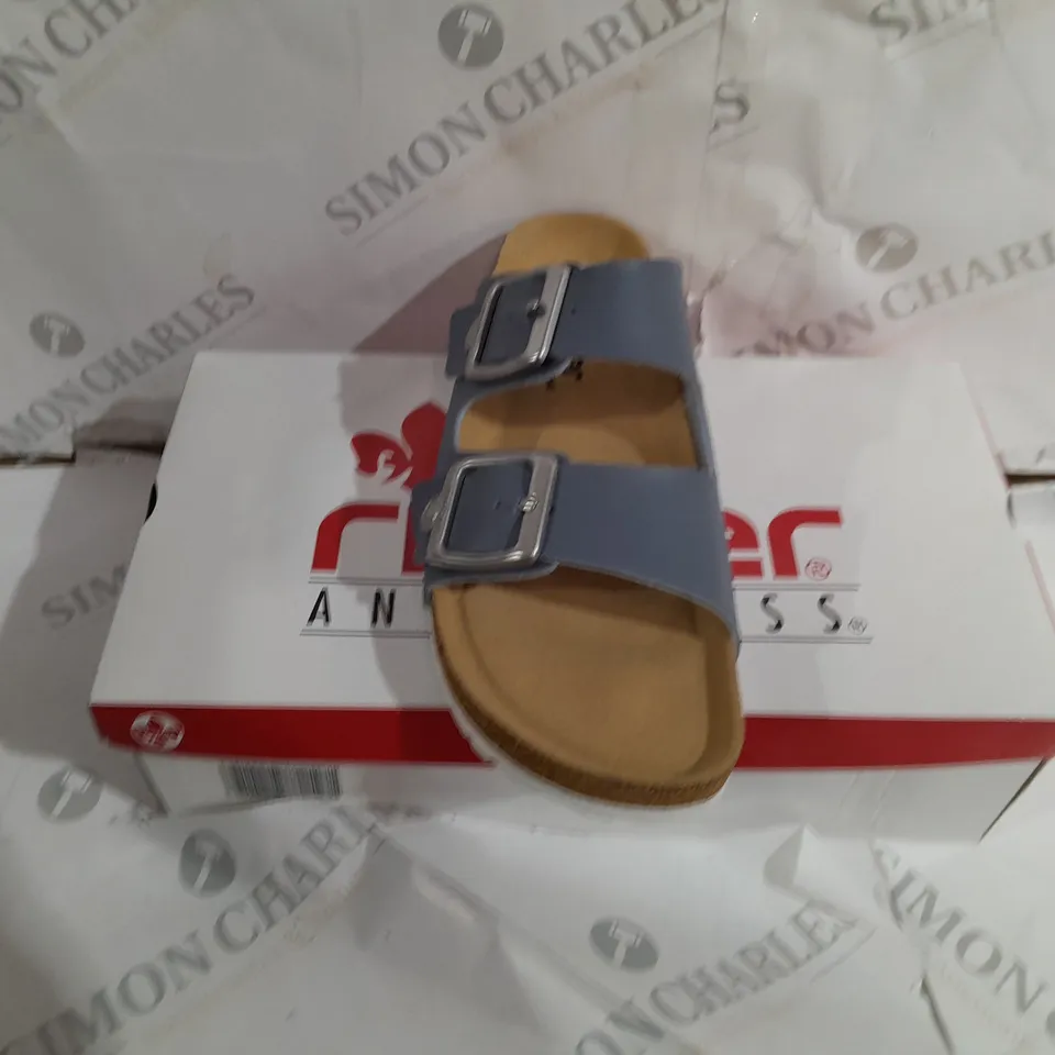 BOXED PAIR OF RIEKER OPEN TOE LOW WEDGE SANDALS IN BLUE UK SIZE 6