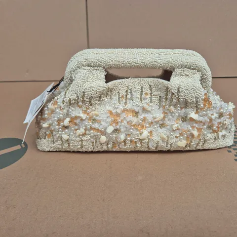 ZARA BEADED CLUTCH BAG WITH PEARL EMBELLISHMENTS – CREAM