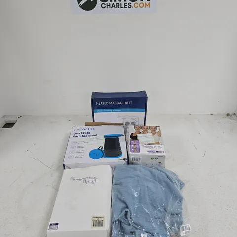 BOX OF APPROXIMATELY 15 ASSORTED ITEMS TO INCLUDE HEATED MASSAGE BELT, COMFORTISSE PUSH UP BRA, QUICKFOLD PORTABLE STOOL, CLOTHING ETC