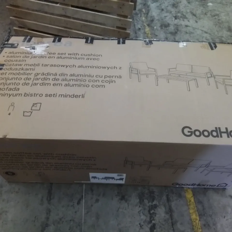 BOXED GOODHOME MOOREA ALUMINIUM FRAME COFFEE SET WITH CUSHIONS 