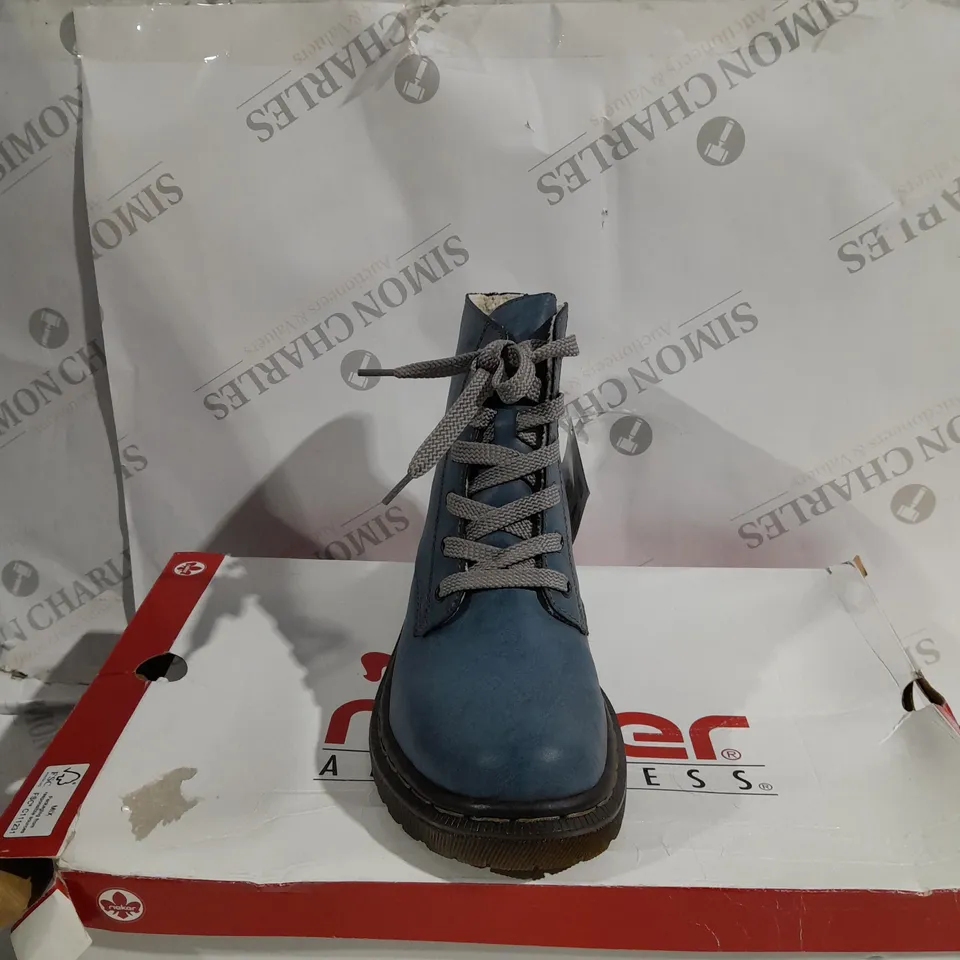 BOXED PAIR OF RIEKER LACE ANKLE BOOTS BLUE SIZE 6