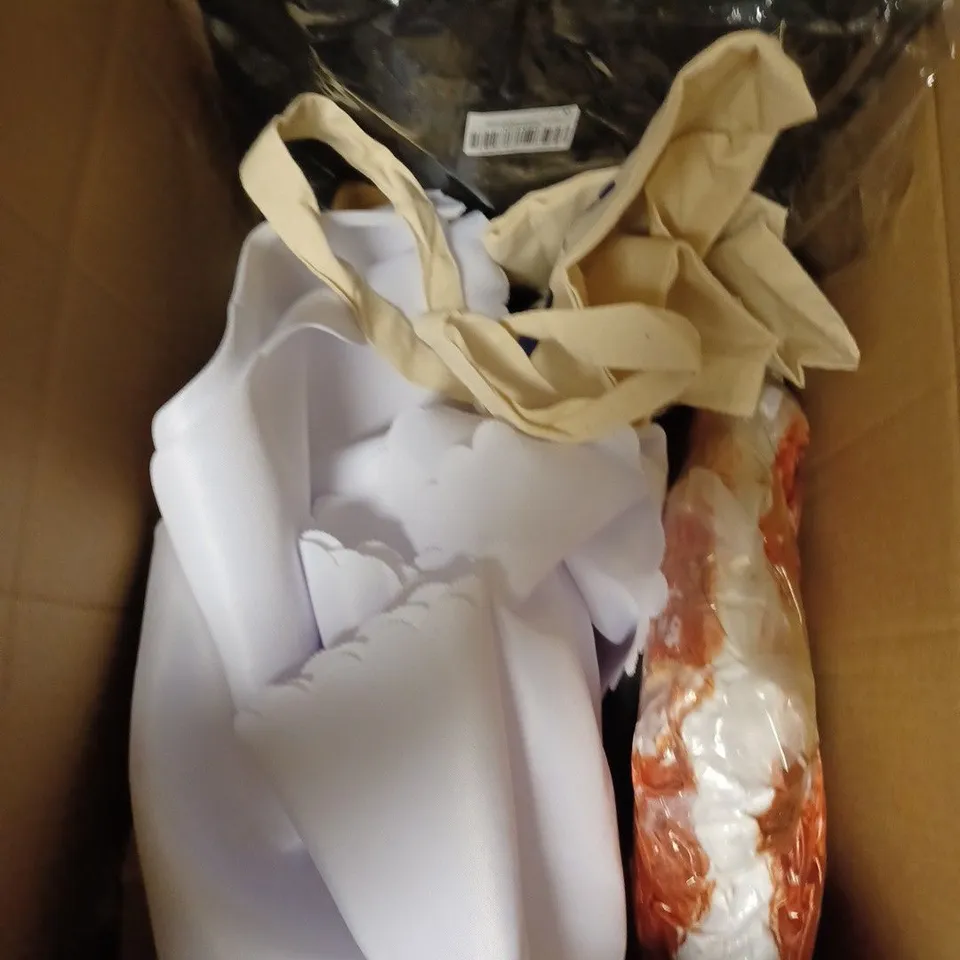 BOX OF APPROXIMATELY 15 ASSORTED HOUSEHOLD PRODUCTS TO INCLUDE COTTON FLAT SHEET, EXTENSION CABLE, MOUNTAIN WAREHOUSE WOMENS PAKKA OVER TROUSERS ETC 