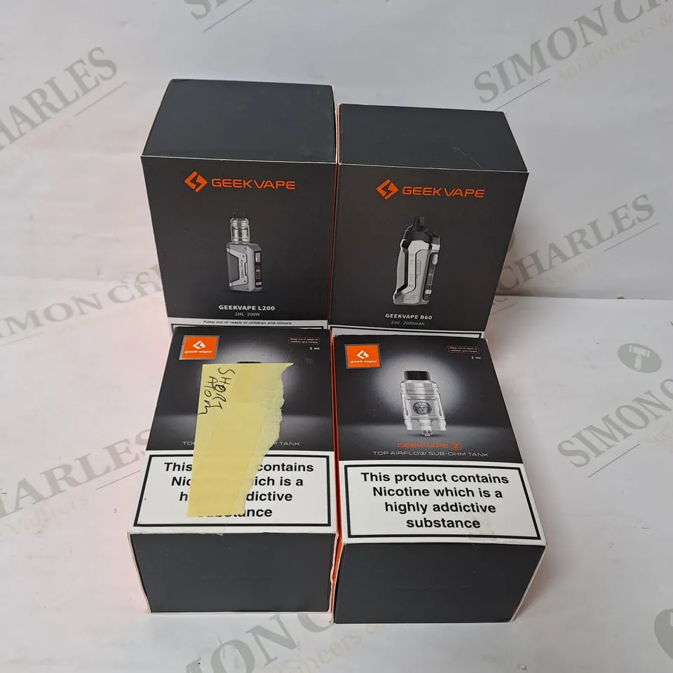 4 ASSORTED GEEKVAPE E-CIGARETTE PRODUCTS TO INCLUDE L200, B60, Z SUB OHM TANK 