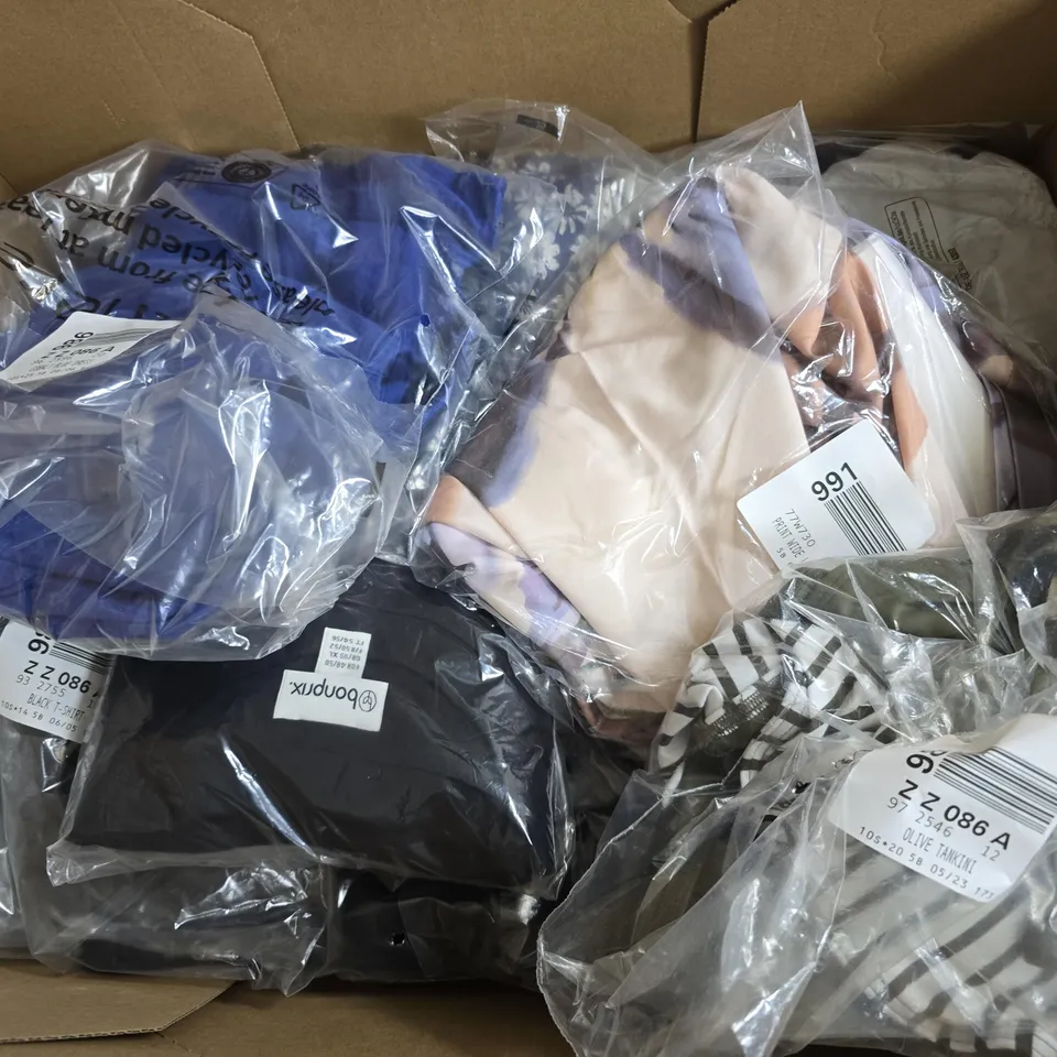 APPROXIMATELY 18 ASSORTED CLOTHING ITEMS IN VARIOUS SIZES, STYLES & SIZES TO INCLUDE BLACK COTTON RIB TOP, DENIM BLUE NIGHTIE, COBLT BLUE DRESS, ETC - COLLECTION ONLY 