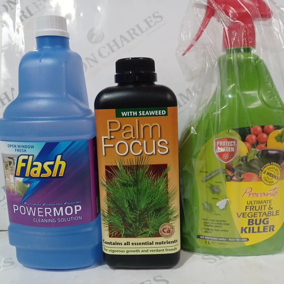 APPROXIMATELY 10 ASSORTED HOUSEHOLD ITEMS TO INLUDE PROVANTO BUG KILLER, PALM FOCUS COMPOUND FLUID FERTILISER, FLASH POWERMOP CLEANING SOLUTION, ETC - COLLECTION ONLY