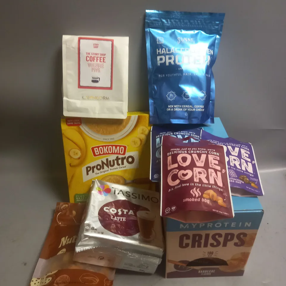 BOX OF APPROX 10 ASSORTED FOOD ITEMS TO INCLUDE - MYPROTEIN BARBECUE CRISPS - SUNNA HALAL COLLAGEN PROTEIN - NUTS PICK CINNAMON APPLE WEDGES ETC