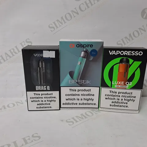 APPROXIMATELY 20 ASSORTED E-CIGARETTE PRODUCTS TO INCLUDE VOOPOO DRAG Q, ASPIRE BP STIK VAPORESSO LUXE Q2