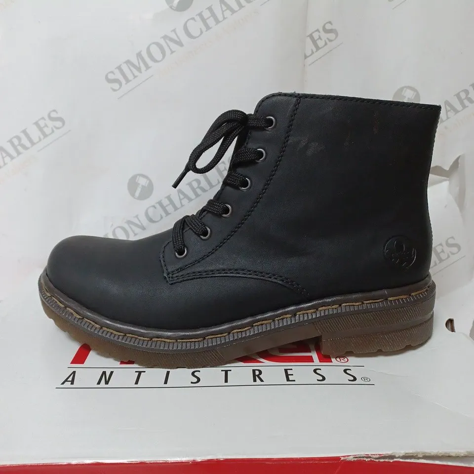 BOXED RIEKER LACE ANKLE BOOTS, BLACK - SIZE 8