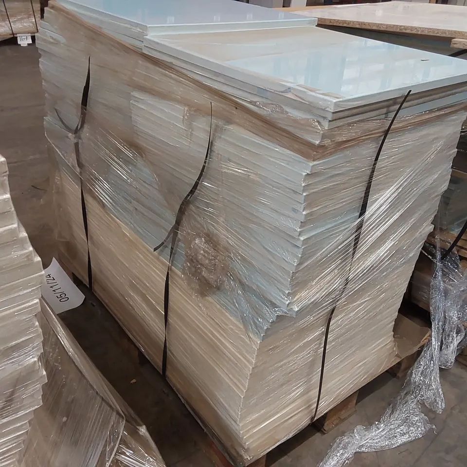 PALLET OF APPROXIMATELY 85 BRAND NEW IVORY CREAM GLOSS KITCHENS/BEDROOM REPLACEMENT CABINET DOOR/DRAWER/END PANELS IN ASSORTED SIZES TO INCLUDE;