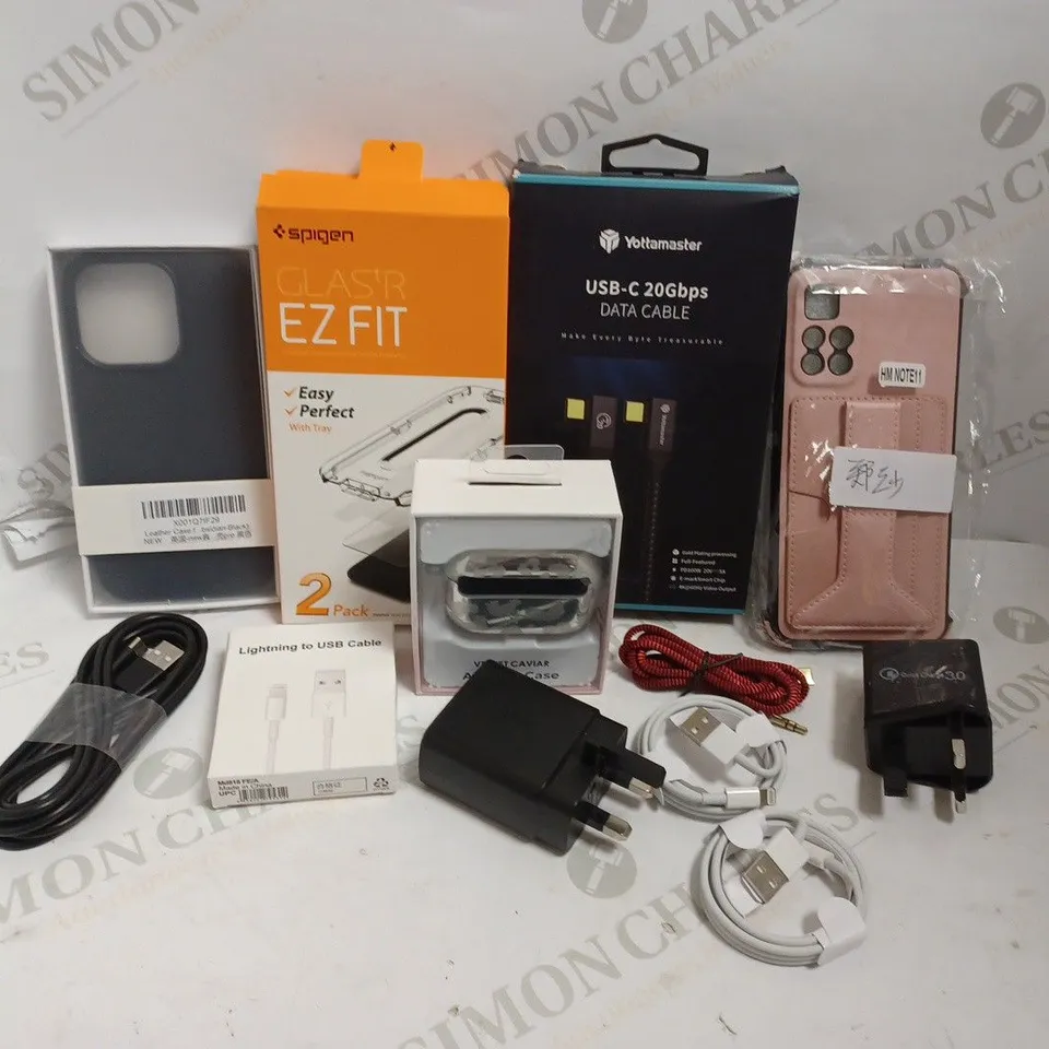 BOX OF APPROX 15 ITEMS INCLUDING ASSORTED PHONE CASES, CHARGING CABLES AND GLASSES