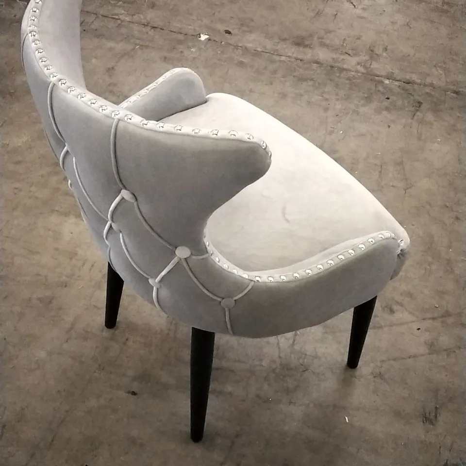 SET OF 3 GREY VELVET STUDDED DINING CHAIRS WITH BLACK LEGS