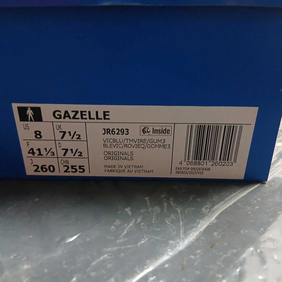 ADIDAS GAZELLE TRAINERS – BLUE SUEDE WITH RED STRIPES UK 7.5 