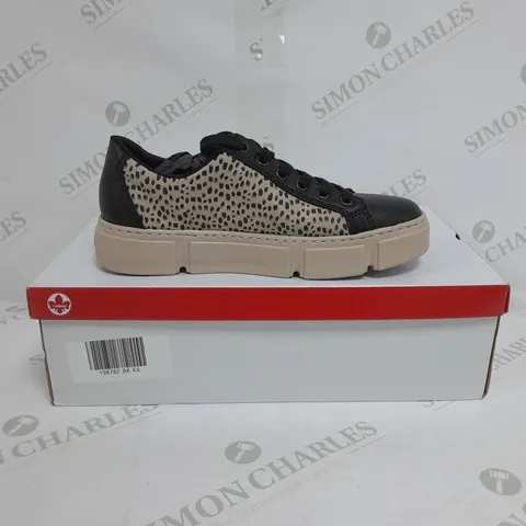 BOXED PAIR OF RIEKER PLATFORM TRAINERS IN BLACK SIZE 4