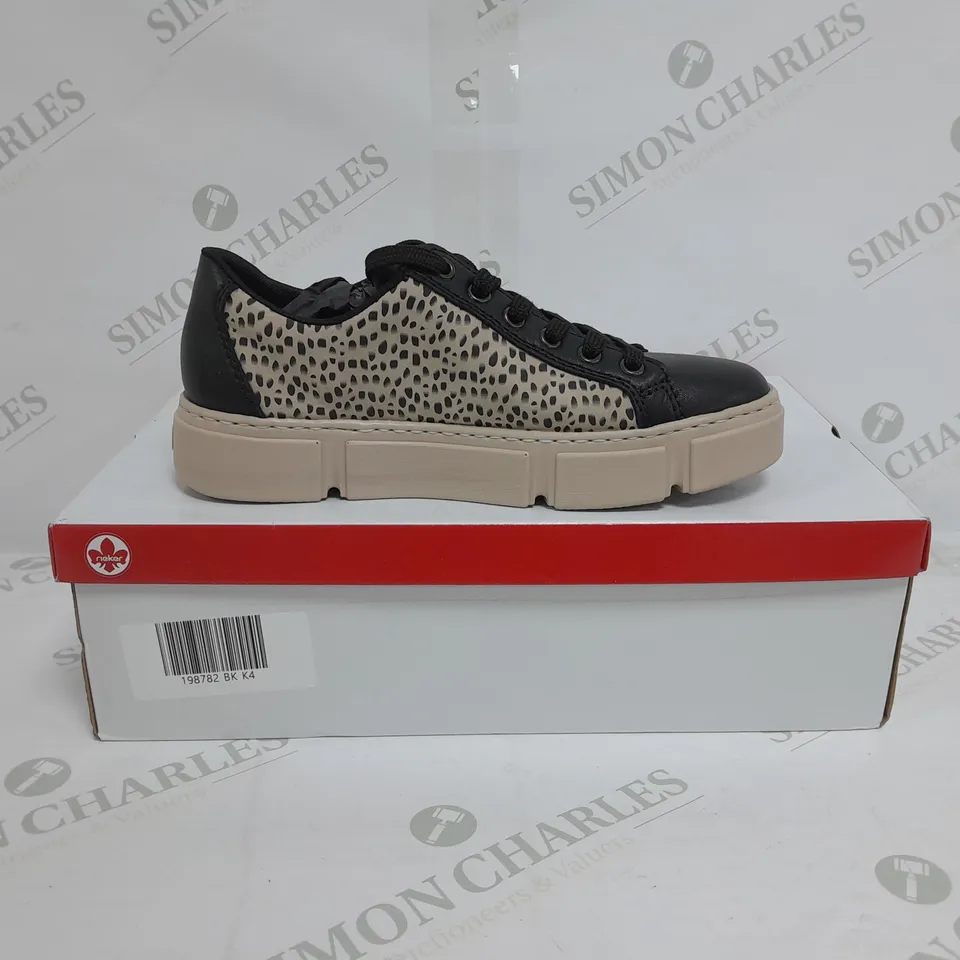 BOXED PAIR OF RIEKER PLATFORM TRAINERS IN BLACK SIZE 4