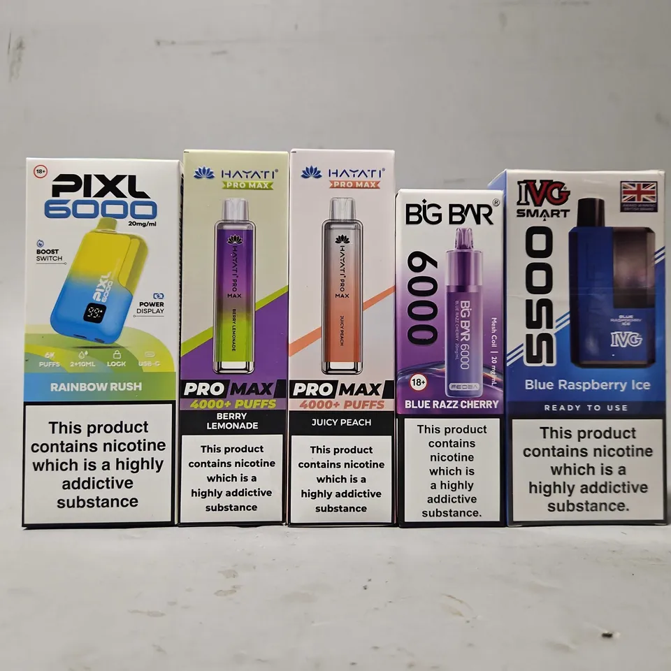 APPROXIMATELY 15 ASSORTED E-CIGARETTE PRODUCTS TO INCLUDE - BIG BAR , HAYATI , PIXL ETC