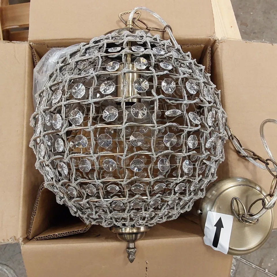 BOXED 1-LIGHT ANTIQUE BRASS CRYSTAL PENDANT (1 BOX)